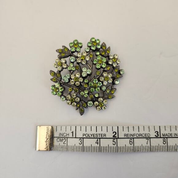 Vintage Floral Brooch/Pin Green/Amber Tones Sparking Crystals Jewelry Classic - Picture 5 of 6